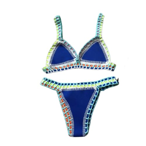 EFCQJZRZ Bikini Frauen Handgefertigtes Häkeln Strick Badebekleidung Halfter Patchwork Badeanzug Badeanzug Biquini Thong Bikini-blau 2-l von EFCQJZRZ