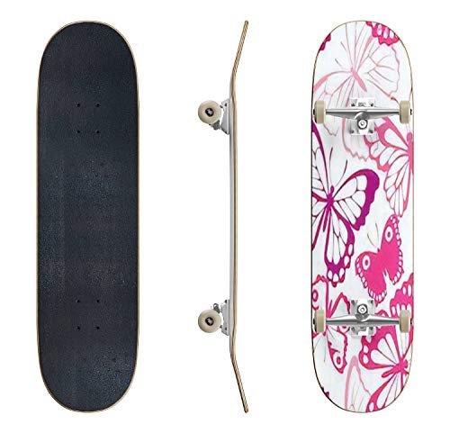 Skateboards Nahtloses Muster mit Schmetterling Sommer Rosa Hintergrund mit Schmetterling Classic Concave Skateboard Cool Stuff Teen Geschenke Longboard Extremsport für Anfänger und Profis von EFTOWEL