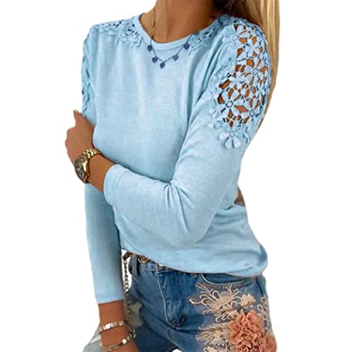 EGSDMNVSQ Bluse Damen Langarmshirt Elegant Spitzenärmel Tshirt Spitzennähte Kurzarm/Langarm T-Shirt Große Größen Rundhals Pullover Spitze Tunika Tops Oberteile von EGSDMNVSQ