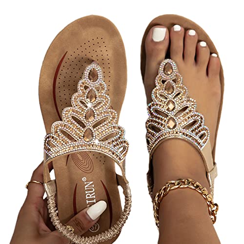 EGSDMNVSQ Flache Sandalen Damen Flip Flops Sommerschuhe Boho Strasssteine Glitzer T-Riemen Strandsandalen Bequeme Zehentrenner mit Weiche Fußbett Mode Strand Offene Zehe Elegant Sommerschuhe von EGSDMNVSQ