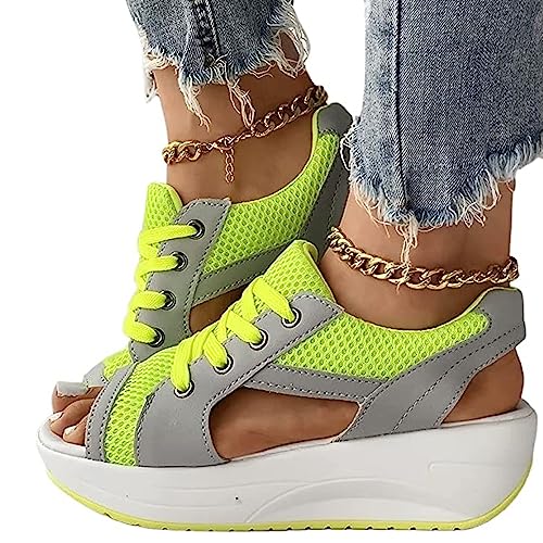 EGSDMNVSQ Sommerschuhe Damen Sandalen Muffin Schnüren Schuhe Open Toe Schuhe Plateau Bequem Tennisschuhe Atmungsaktive Mesh Sport Damenschuhe Mit Kontrasteinsätzen von EGSDMNVSQ