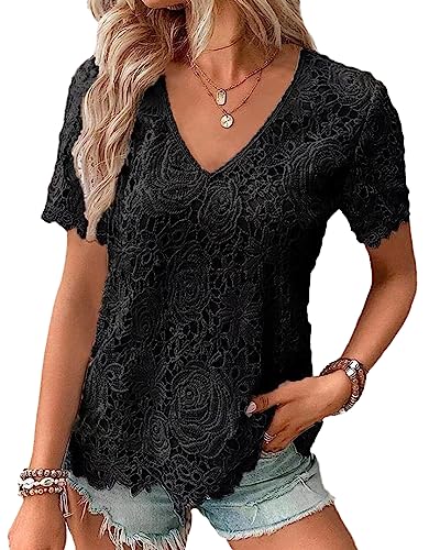 EGSDMNVSQ Spitzenbluse Damen Elegant Spitzentop Rundhals Langarmshirt Oberteil Blumenspitze Einfarbig Tunika Tops von EGSDMNVSQ