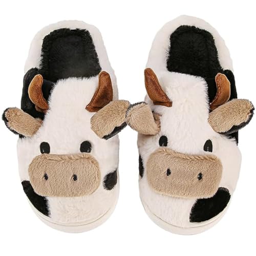 Kuh Hausschuhe Damen Herren Unisex Cow Slippers Plüsch Gefüttert Pantoletten Rutschfest Winter Cozy Geschlossen Lustig Schuhe Weich Warm Tiere Hauspantoffeln Indoor Mädchen Geschenk (36/37,Beige) von EHOTER