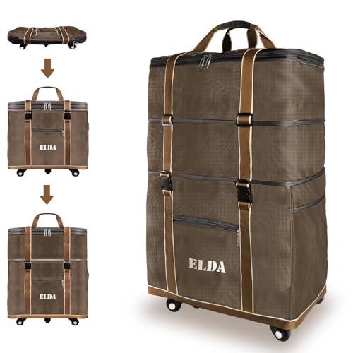 ELDA Erweiterbarer faltbarer Gepäckkoffer, groß, rollbar, faltbar, Reisetasche, Reisekoffer mit Rädern, für Männer und Frauen, Braun, Large von ELDA