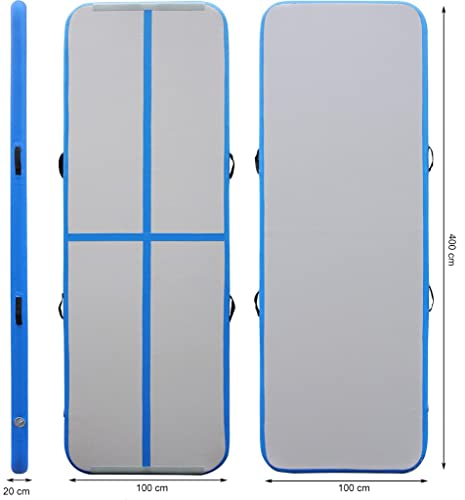 Airtrack/Tumbling/Gymnastik Matte Turnmatte in Blau, aufblasbar, rutschfest, wasserfest, stoßdämpfend, Länge: 4m, Breite: 1m, Höhe: 20cm, inkl. elektr. Pumpe/Tasche/Reperaturset (4m x 1m x 20cm, Blau) von ELLUG