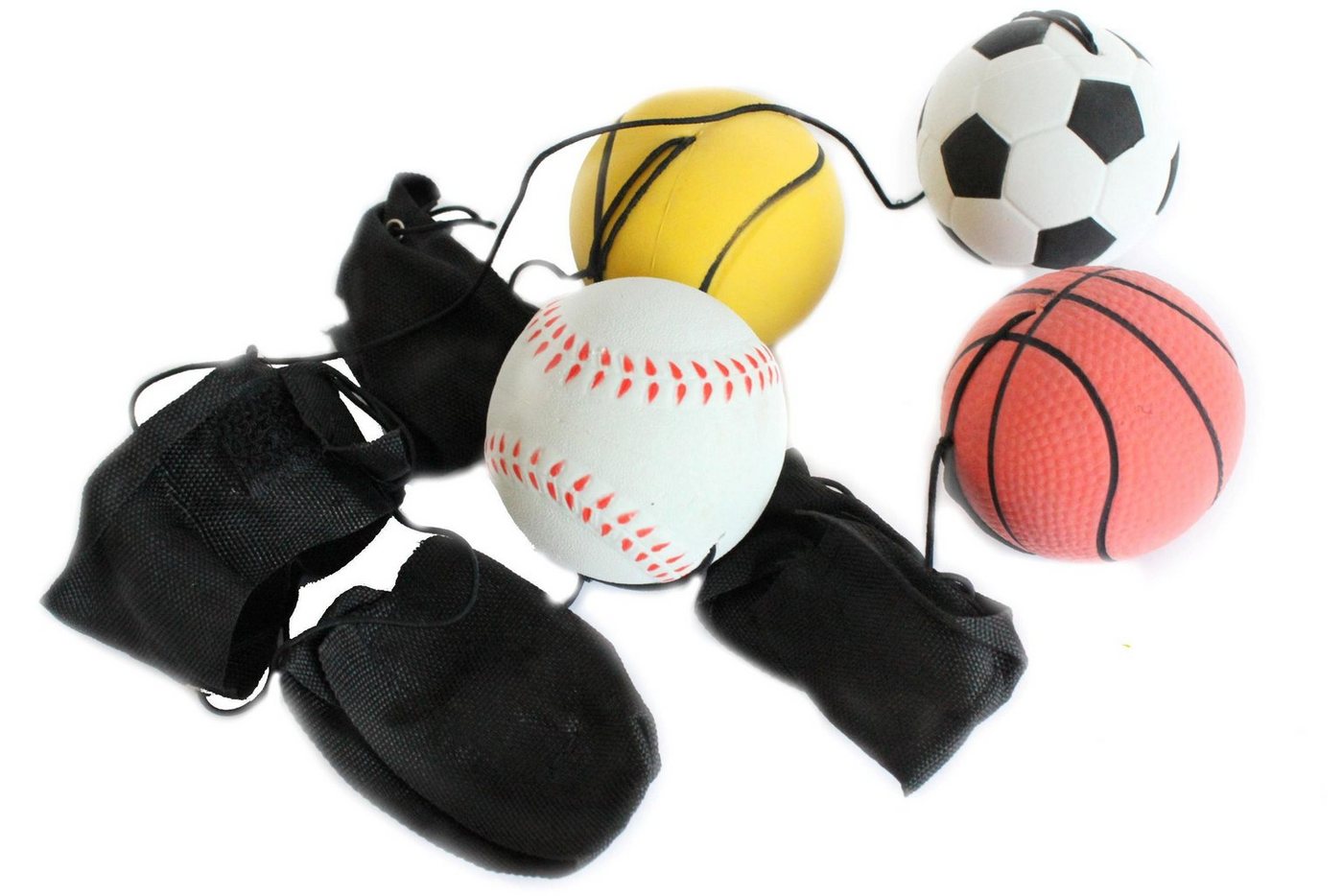 ELLUG Spielball 4er Set Springball/Returnball/Flummi Ø 6cm Armband&Schnur, Fußball/Basketball/Tennisball/Baseball von ELLUG