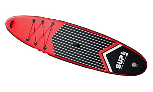 Stand Up Paddle Board Set, SUP, belastbar bis 140kg, 320 * 81 * 15cm inkl. Paddel, Handpumpe, Rucksack, Sicherungsschlaufe, Reparaturset (Schwarz-Rot) von ELLUG