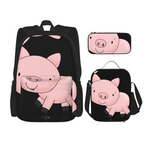 ELRoal Taschenrucksack, Schweinchen-Druck, Crossbody-Lunch-Tasche, Federmäppchen-Set, multifunktional, tragbar, Lern- und Bürotasche, Schwarz , Einheitsgröße von ELRoal