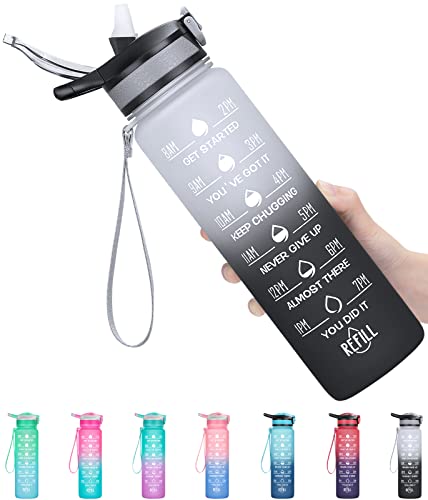 ELYPHINE Trinkflasche 1L, Sport Trinkflasche mit Strohhalm BPA-frei motivierende Wasserflasche mit Zeitmarkierung auslaufsicherer Tritan-Wasserkrug für Gym, Outdoor Sport von ELYPHINE