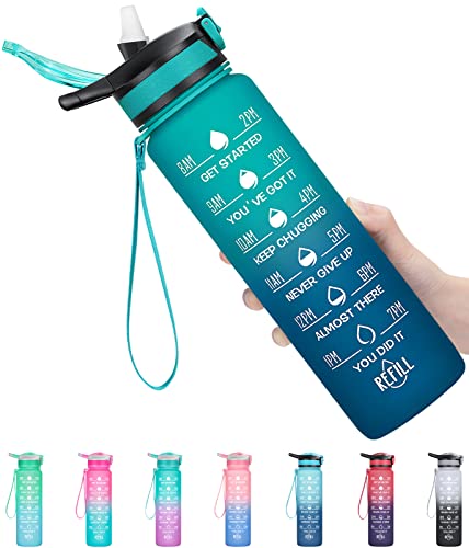 ELYPHINE Trinkflasche 1L, Sport Trinkflasche mit Strohhalm BPA-frei motivierende Wasserflasche mit Zeitmarkierung auslaufsicherer Tritan-Wasserkrug für Gym, Outdoor Sport von ELYPHINE