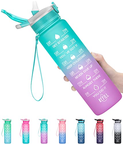 ELYPHINE Trinkflasche 1L, Sport Trinkflasche mit Strohhalm BPA-frei motivierende Wasserflasche mit Zeitmarkierung auslaufsicherer Tritan-Wasserkrug für Gym, Outdoor Sport von ELYPHINE