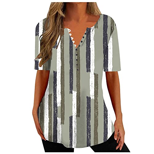 Bluse Damen Sommer Lässiges Kurzarm T-Shirts V-Ausschnitt Knopfleiste Sommershirts Elegant Vintage Tunika Oberteil Locker Plissiert Longshirt Neuartige Drucke Longbluse Tee Tops von EMATOP