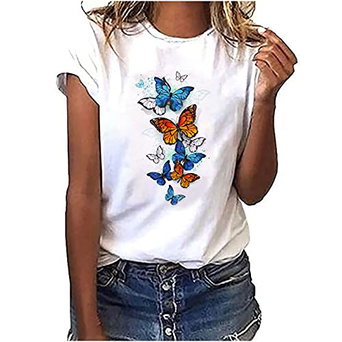 Bluse Damen Tshirt Sommer Kurzarm Shirts Casual Locker Tunika Tops Rundhals Basic Oberteile Baumwolle Elegant Longshirt Schmetterling Muster Sommershirts Frauen Sportshirt Laufshirt von EMATOP