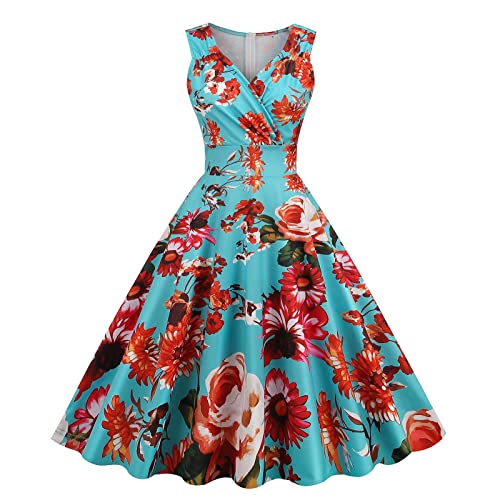EMATOP Damen 50er Jahre Kleider Vintage Rockabilly Cocktailkleid Sexy Ärmellos Ballkleid Elegant A-Line Kleid Blumendruck Sommerkleid Knielang V-Ausschnitt Abendkleid Hohe Taille Faltenrock von EMATOP