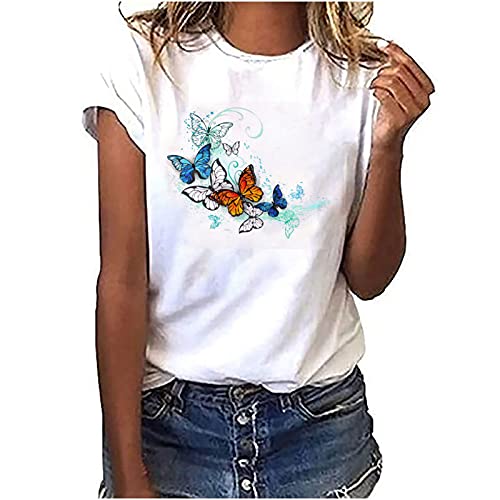 EMATOP Bluse Damen Tshirt Sommer Kurzarm Shirts Casual Locker Tunika Tops Rundhals Basic Oberteile Baumwolle Elegant Longshirt Schmetterling Muster Sommershirts Frauen Sportshirt Laufshirt von EMATOP