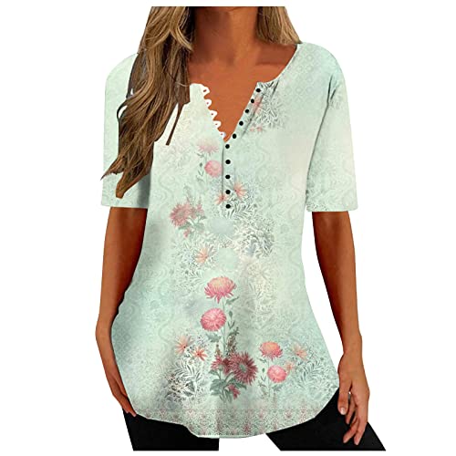 EMATOP Blusen & Tuniken für Damen Sommer Tshirt Lässiges Lose Oberteile Baumwolle Leicht Tunika Longshirt Vintage Blumen Druck Kurzarm Tops V-Ausschnitt Knopfleiste Sommershirts für Frauen von EMATOP