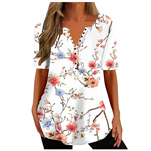 EMATOP Blusen & Tuniken für Damen Sommer V-Ausschnitt Tshirt Elegant Plissiert Tunika Longshirt Lässiges Lose Sommershirts Schön Blumen Druck Oberteile Vintage Kurzarm Tops Knopfleiste Longbluse von EMATOP