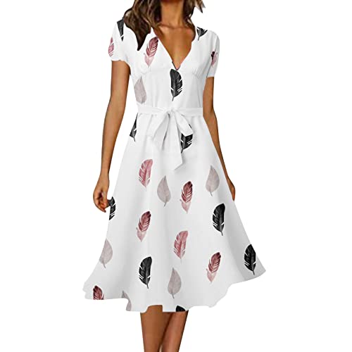 EMATOP Sommerkleid Damen Lang Chiffon Kleider Knielang Midikleid A-Linie Kleid Blumen Boho Strandkleid Lässiges Kurzarm Blusenkleid V-Ausschnitt Elegant Partykleid Polka Dot Druck Freizeitkleid von EMATOP