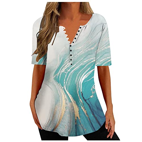 EMATOP Damen Oberteile Sommer Casual Tunika Bluse Shirt Vintage Elegant Longshirt Baumwolle Casual Kurzarm Tee Tops V-Ausschnitt Knopfleiste Sommershirts Neuartige Drucke Longbluse Streetwear von EMATOP