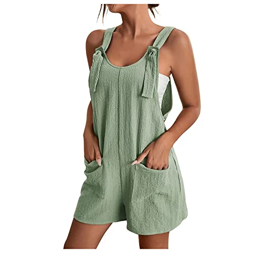 EMATOP Jumpsuit Damen Sommer Kurzer Playsuit Baumwolle Leinen Einteiler Overalls Casual Einfarbig Latzhose Sexy Ärmellos Hosenanzug mit Taschen Sommerhose Leicht Atmungsaktiv Romper Shorts von EMATOP