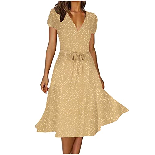 EMATOP Kleider Damen Sommer Elegant Chiffonkleid Sexy V-Ausschnitt Freizeitkleider Hohe Taille A-Linie Kleid Casual Kurzarm Sommerkleid Vintage Boho Strandkleid Knielang Blumen Midikleid von EMATOP