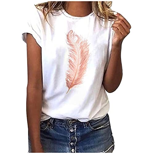 EMATOP Oberteile Damen Sommer Baumwolle Tops Lässiges Baggy Tshirt Mode Rundhals Kurzarm Shirts Elegant Tunika Longshirt Federn Druck Sportshirt Bluse Tee Shirts Teenager Mädchen Sommershirts von EMATOP