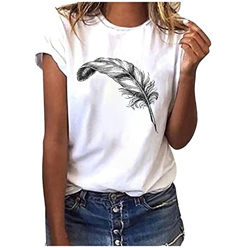 EMATOP Oberteile Damen Sommer Baumwolle Tops Lässiges Baggy Tshirt Mode Rundhals Kurzarm Shirts Elegant Tunika Longshirt Federn Druck Sportshirt Bluse Tee Shirts Teenager Mädchen Sommershirts von EMATOP