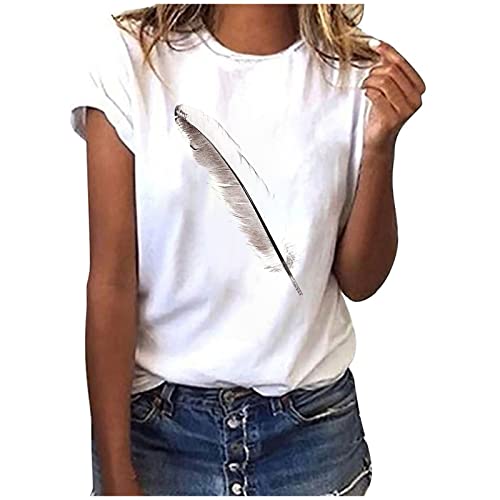 EMATOP Oberteile Damen Sommer Baumwolle Tops Lässiges Baggy Tshirt Mode Rundhals Kurzarm Shirts Elegant Tunika Longshirt Federn Druck Sportshirt Bluse Tee Shirts Teenager Mädchen Sommershirts von EMATOP