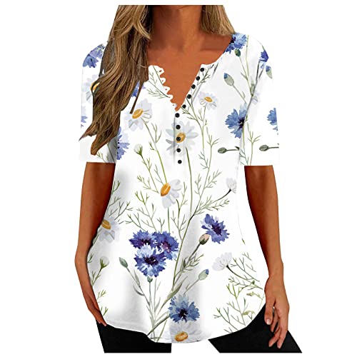 EMATOP Oversize Shirt Damen Sommer Tunika Tops Casual Baumwolle Kurzarm Tshirt Elegant V-Ausschnitt Sommershirts Schön Blumen Druck Sommershirts mit Knopfleiste Oberteile Plissiert Longshirt von EMATOP