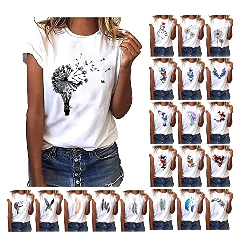 EMATOP Sommer Tshirt Damen Baumwolle Tops Lässig Lose Kurzarm Tee Shirts Basic Rundhals Oberteile Löwenzahn Schmetterling Muster Tunika Bluse Shirt Elegant Longshirt Teenager Mädchen Sportshirt von EMATOP