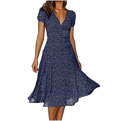 EMATOP Sommerkleid Damen Lang Chiffon Kleider Knielang Midikleid A-Linie Kleid Blumen Boho Strandkleid Lässiges Kurzarm Blusenkleid V-Ausschnitt Elegant Partykleid Polka Dot Druck Freizeitkleid von EMATOP