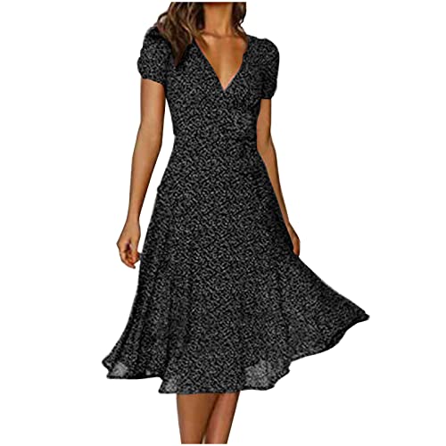 EMATOP Sommerkleid Damen Lang Chiffon Kleider Knielang Midikleid A-Linie Kleid Blumen Boho Strandkleid Lässiges Kurzarm Blusenkleid V-Ausschnitt Elegant Partykleid Polka Dot Druck Freizeitkleid von EMATOP