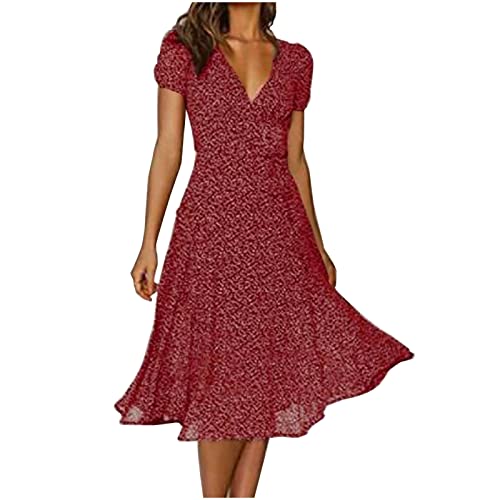 EMATOP Sommerkleid Damen Lang V-Ausschnitt Strandkleid Lässig Chiffon Kleider Lose Kurzarm Freizeitkleid Elegant A-Linie Midikleid Knielang Partykleid Polka Dot Maxikleid Hohe Taille Boho Kleid von EMATOP