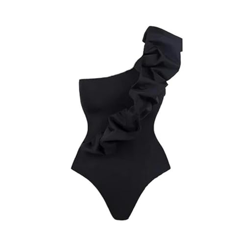ENXCLWTW Badeanzug Damen Badeanzug Puffärmel One-Shoulder Einteiliger Retro-gedrucktes Badeanzug Frauen Bedrucktes Wrap-rockanzug- Schwarz-l von ENXCLWTW