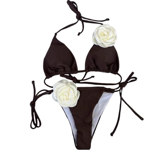 Frauen Zweiteilige Geteilte Badeanzüge Neckholder Rückenfreie Badebekleidung Weiblicher 3D Blumen Badeanzug Für Den Urlaub Frauen 3D Blumen Badebekleidung Zweiteiliger Badeanzug Neckholder Badeanzug von EOIKTIY