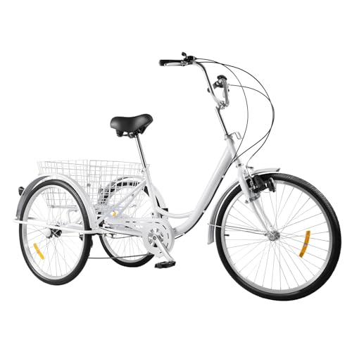 ERnonde Dreirädriges, 24 Zoll Dreirad für Erwachsene 6 Gang Fahrrad Trike mit Licht und Einkaufskorb für Erwachsene Männer Frauen und ältere Menschen Weiß von ERnonde