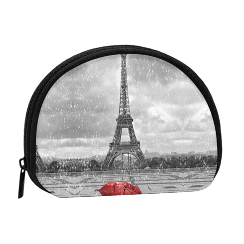 Paris Tower mit rotem Regenschirm-Druck, Mini-Münzen-Aufbewahrungstasche, Volldruck-Design, Polyesterfaser-Material, kompakte Größe, praktisch und vielseitig, Schwarz , Einheitsgröße von ESASAM