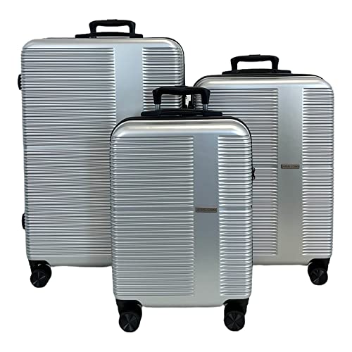 ESS COO - Koffer Kabine / Mittel / Groß / Set Gepäck, Hartschale, ABS, 4 Lenkrollen mit integriertem TSA-Schloss, silber, Set de 3, Hartschalenkoffer von ESS COO