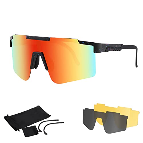 Fahrradbrille, Sportbrille Radbrille UV400 Schutz mit 3 Wechselobjektiven, Polarisierte Sportbrille Schutzbrille coole Brille für Radfahren, Laufen, Angeln, Skifahren und Angeln im Fallschirmspringen von ESTVIIG