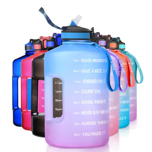 ETDW 2.2 Litre Water Bottle with Straw and Time Marker, Half Gallon Drinking Bottle with Handle BPA Free, 2.2L LeakProof Reusable Huge Water Jug One Hand Open Blue Pink von ETDW