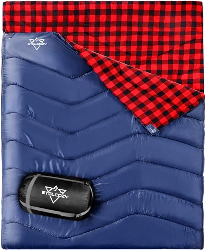 Doppelschlafsack für Erwachsene, Camping, extra breit, für 2 Personen, wasserdicht, Baumwollflanell, Schlafsack für 3 Jahreszeiten, warmes und kaltes Wetter, Rucksackreisen, 21.4 x 160.4 cm (rot) von ETGLCOZY