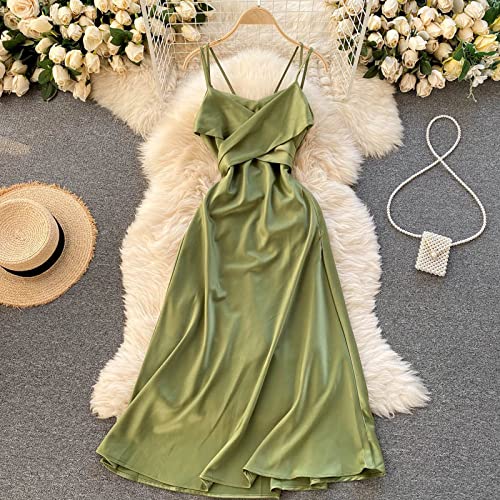 EVANEM Sommerkleid Damen, Satinkleider, Retro-Modekleider, Slip-Kleider, A-Linien-Kleider, Ärmellos, Taillengürtel Für Abendkleider, Cocktailparty, Formelle Hochzeit, Sommerkleider, Grün, Xs von EVANEM