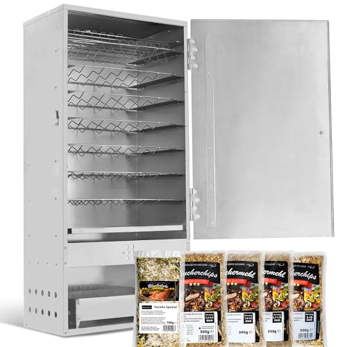 EVERSMOKE Räucherofen Set Edelstahl Jumbo VA inkl. Mehl, Lake & Thermometer 46x28x110cm von EVERSMOKE