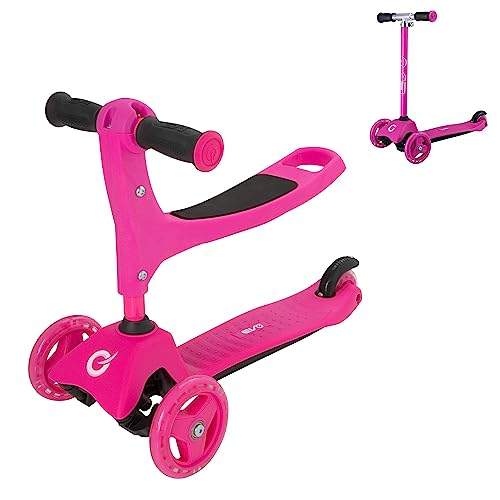 EVO 3-in-1 Cruiser Scooter Pink | Verstellbare Griffhöhe | 3-stufiges austauschbares Design | Sitzender Roller in 2 Rädern Push Scooter | Idealer erster Roller für Kinder im Alter von 1–7 Jahren von EVO
