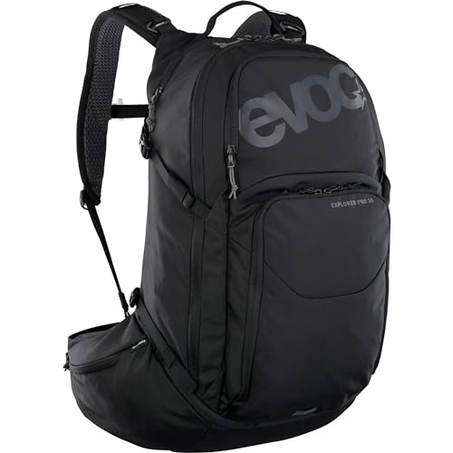 EVOC EXPLORER PRO 26, Rucksack (für kürzere Rückenlängen, AIR FLOW CONTACT SYSTEM, AIRO FLEX Hüftgurt, inkl. Trinkblasenfach für Trinkblasen bis 3l und Regenhülle, One Size), Schwarz von EVOC