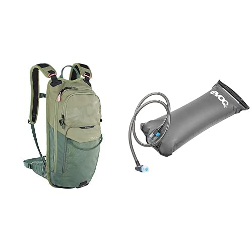 EVOC Stage 6 Backpack Outdoor + EVOC Hydration Bladder 3L Trinkblase für den Rucksack (6L, Rückenbelüftung, verstellbare Schultergurte, Werkzeugfach, Trinkblasenfach), Oliv/Carbon Grau von EVOC