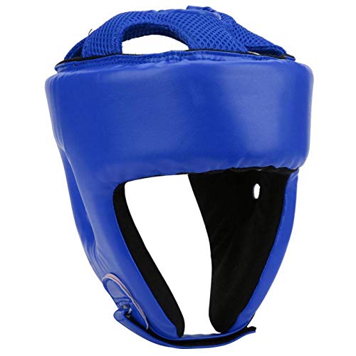 EVTSCAN Boxen Kopfbedeckungen Boxhelm PU Leder Verstellbarer Kopfschutz Sanda Kickboxen Training Defense MMA Kopfbedeckungen(S-Blau) von EVTSCAN