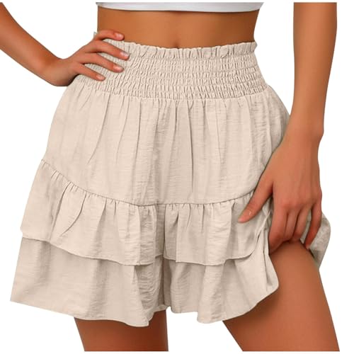 Women's Summer Casual High Waist Shorts, Damen-Shorts, hohe elastische Taille, plissiert, Rüschen, süße Shorts, Strand, fließende Freizeit-Shorts (Large,Khaki) von EVURU