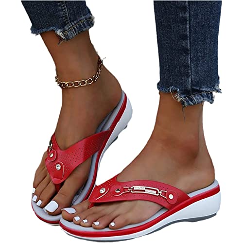 EXECAB Damen Orthopädische Zehentrenner Sandalen Damen Strass Flip-Flops Sommer PU-Leder Clip -Toe Pantoffeln Gummi Plateau Slippers Freizeit Strandschuhe,Rot,40 von EXECAB