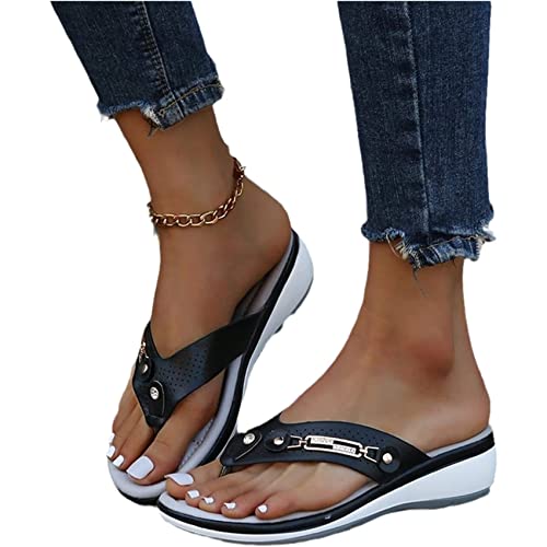 EXECAB Damen Orthopädische Zehentrenner Sandalen Damen Strass Flip-Flops Sommer PU-Leder Clip -Toe Pantoffeln Gummi Plateau Slippers Freizeit Strandschuhe,Schwarz,38 von EXECAB